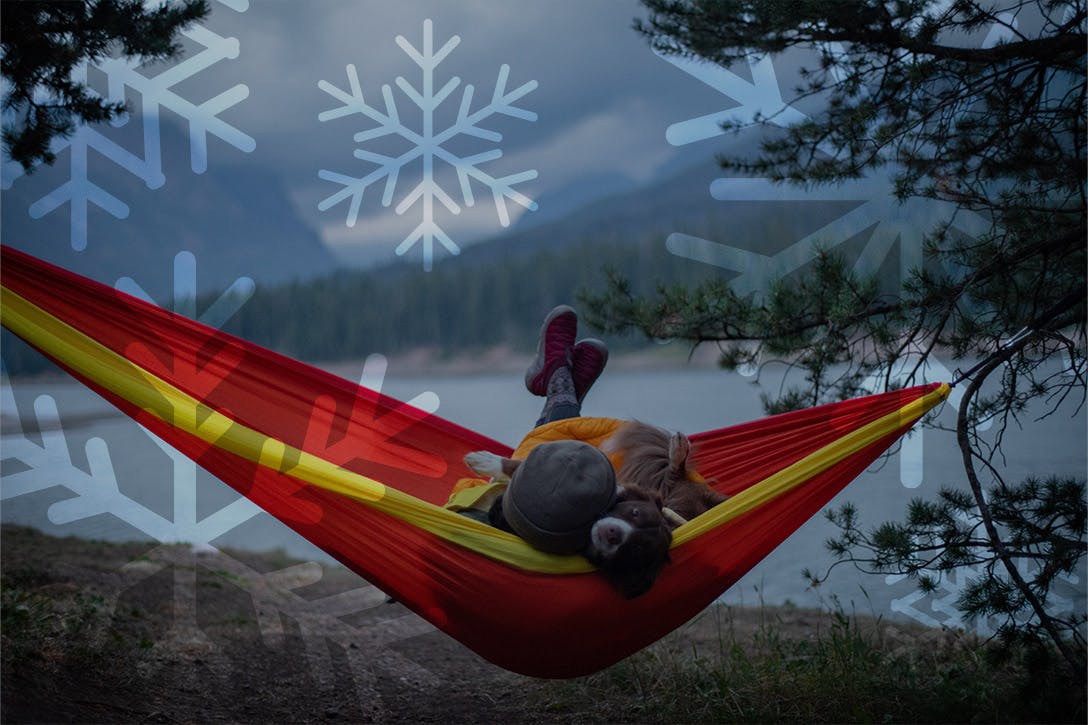 Camper relaxing in a hammock wearing Whakata Puffy shoes
