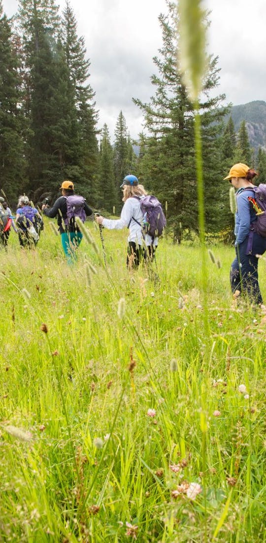 Women at the 52 hikes project retreat on a hiking trip through Montana in collaboration with Oboz Footwear. 