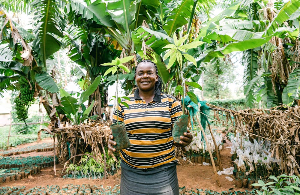 Woman holding two plants in a One More Tree farming facility.