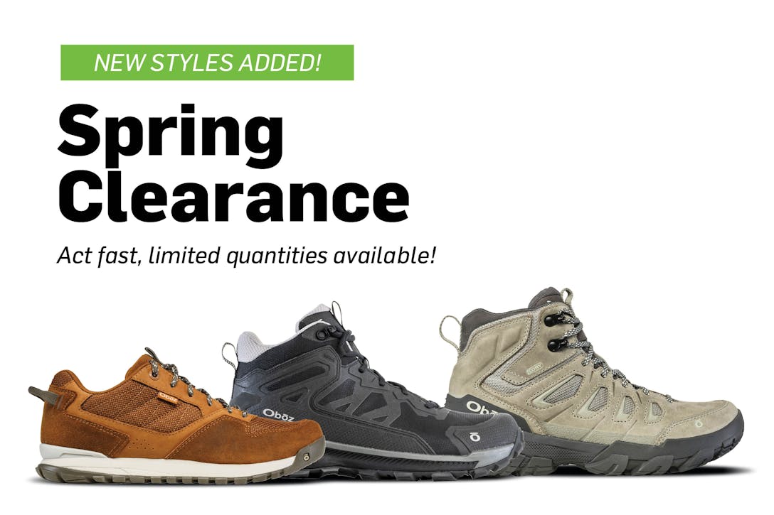 Oboz spring clearance featuring the bozeman, katabatic, and sawtooth x styles.