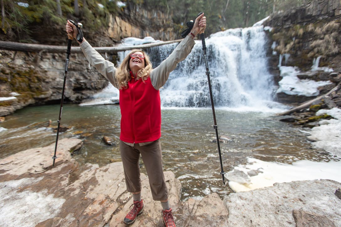 Oboz Local Hero Jo Giese on a hike at Ousel Falls, in Big Sky, Montana.