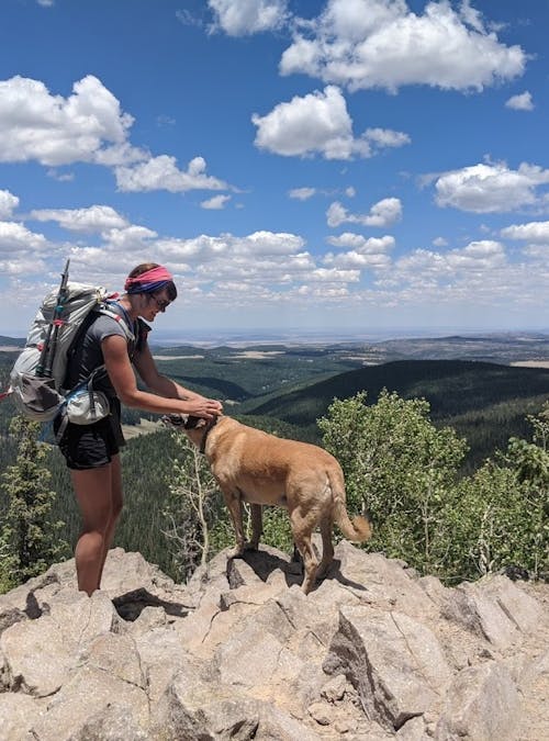 Hiker petting a dog at beautiful lookout spot on a trail