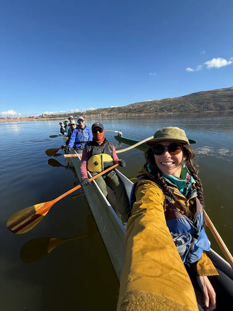 A group on canoes during a backpacking trip through Peru