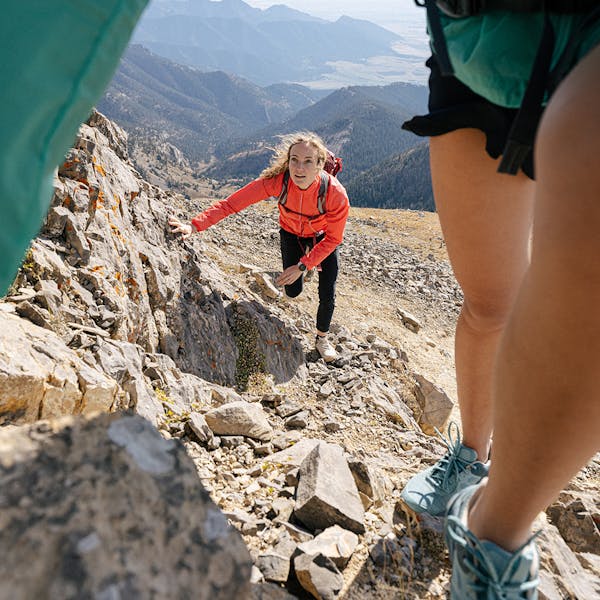 Scrambling to the top in the Katabatic Mid Waterproof hiking shoes.
