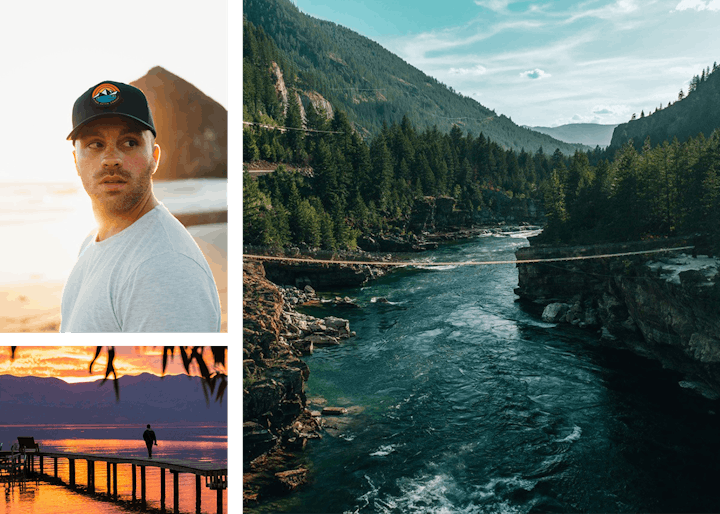 Oboz ambassador Jordan Lefler alongside his images of a lake sunset and rope bridge across a river.