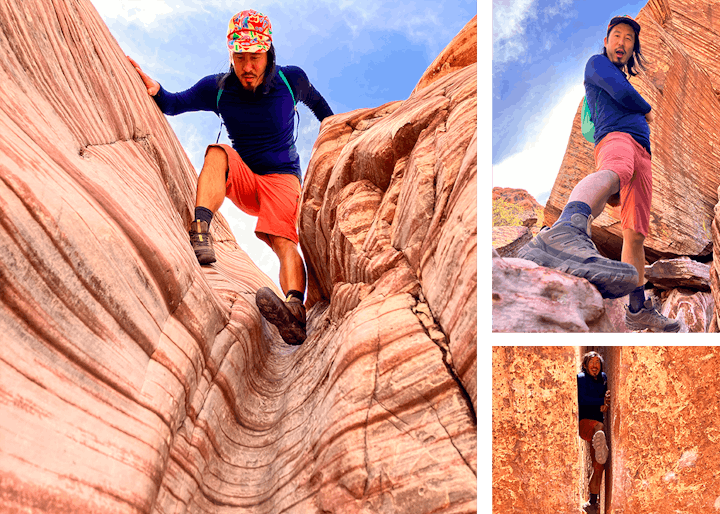 Oboz ambassador Tyler Lau hiking in the Sawtooth X low hiking boots.