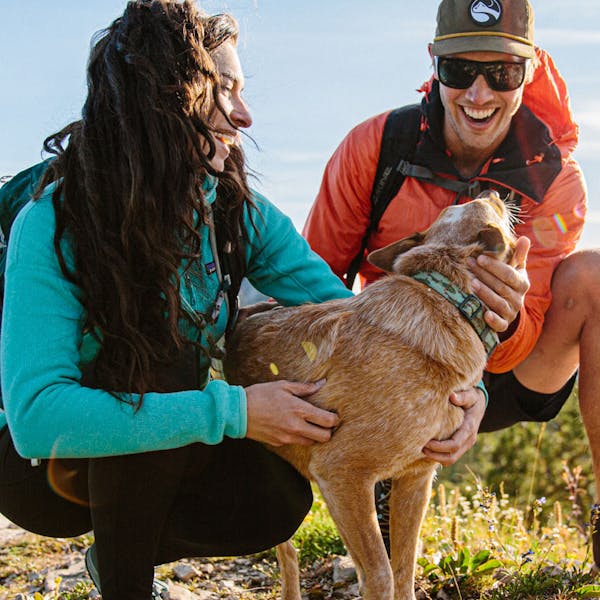 Petting a dog in the mountains while wearing Oboz.