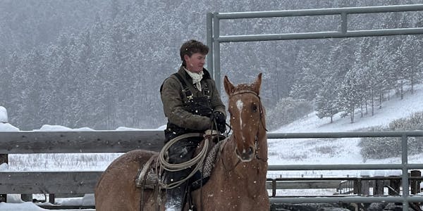 Trailblazer David Gabrielli rides a horse at work on a ranch in Kirby, Montana