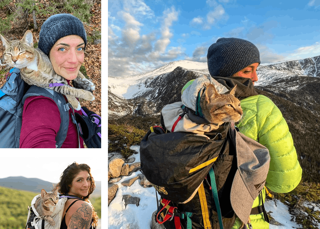 Mel Elam hiking in Oboz boots with her cat, Floki
