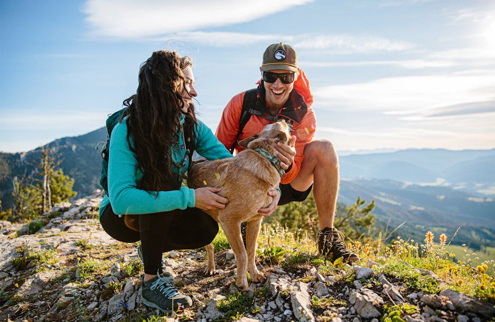 Jackie Nourse hiking in the Women's Bozeman Low shoes with a dog and her friend