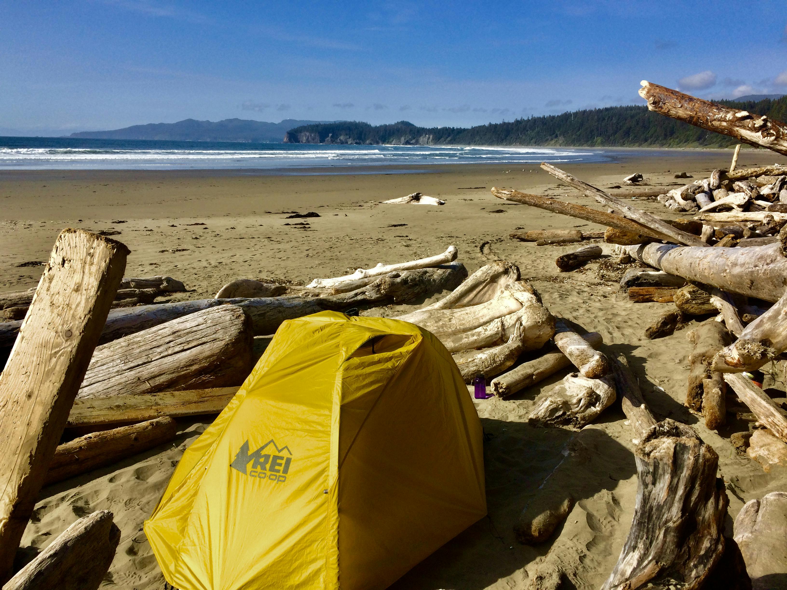 Backpacking on the beach with an REI tent.