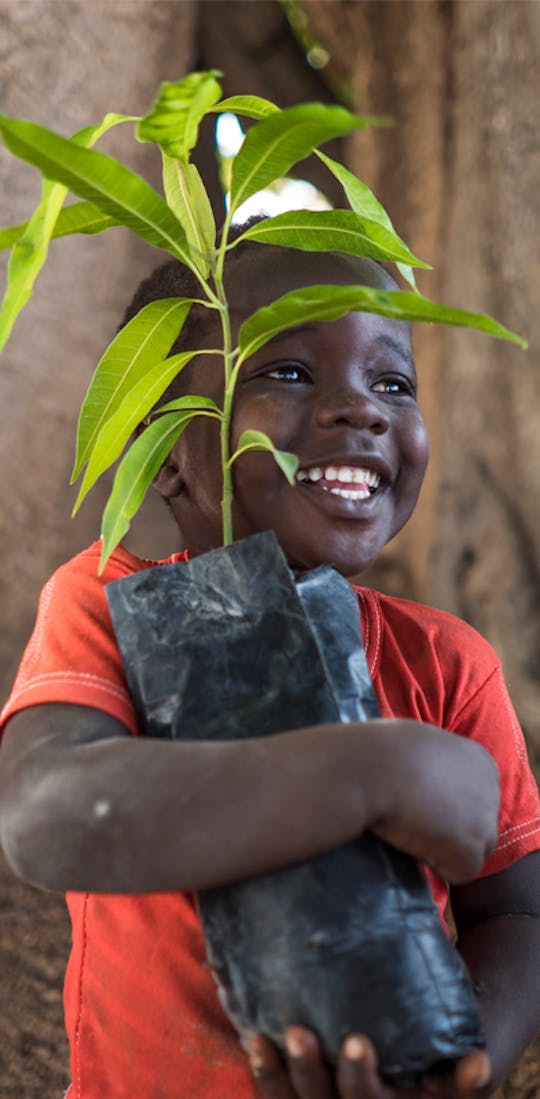 A child holding a tree sapling that will be planted for the Oboz One More Tree program.
