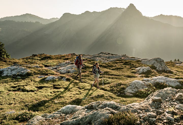 Two hikers on a rocky trail