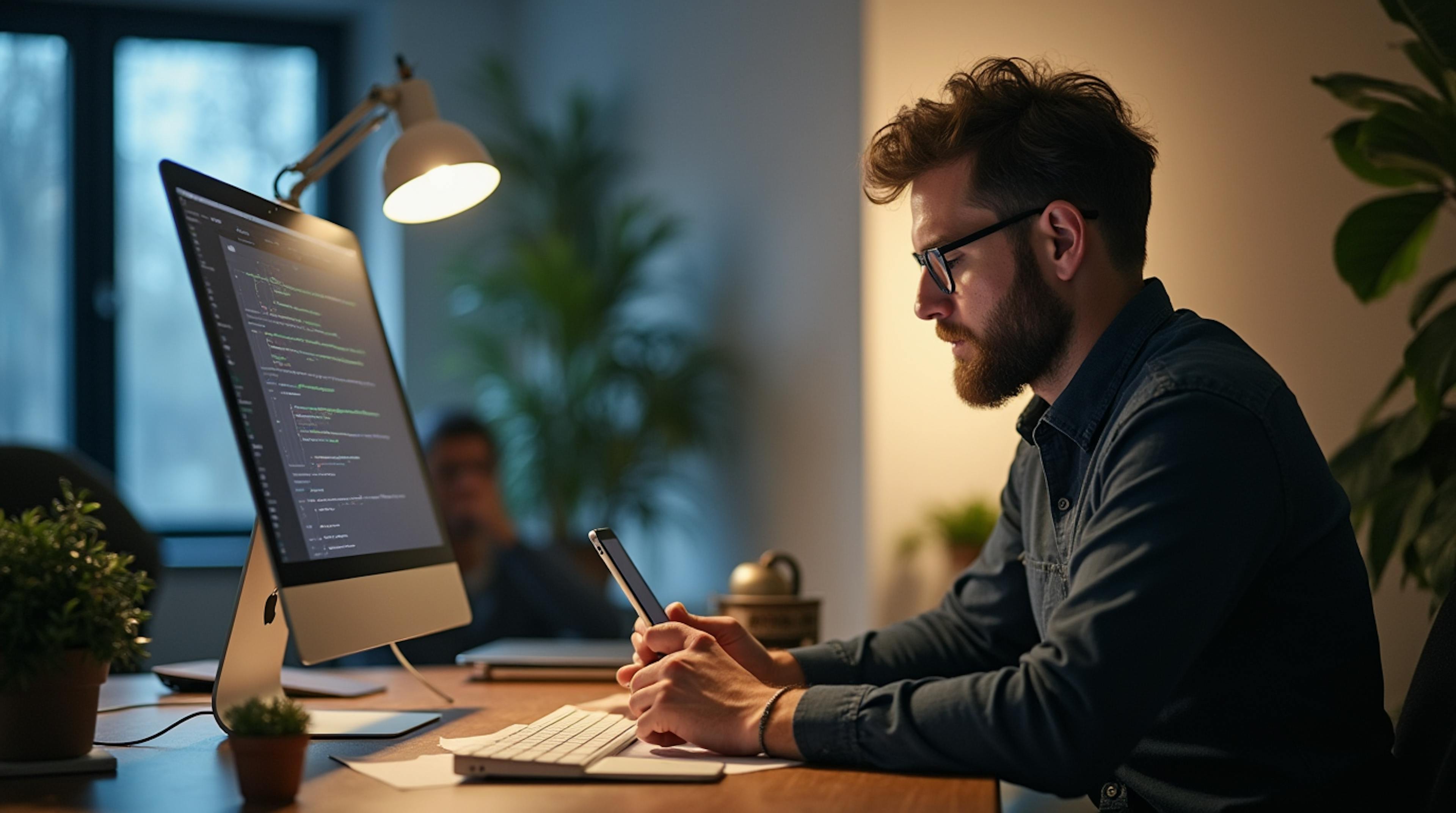 ux_designer_working_on_his_setup_with_apple_products_studying_web_user_flowcharts