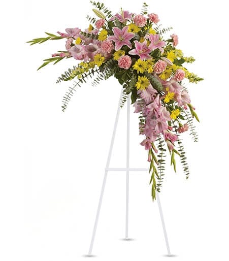 cascade de fleurs roses et jaunes: lis, glaïeuls et chrysanthèmes