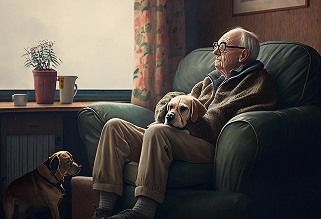 un vieil homme avec ses chiens