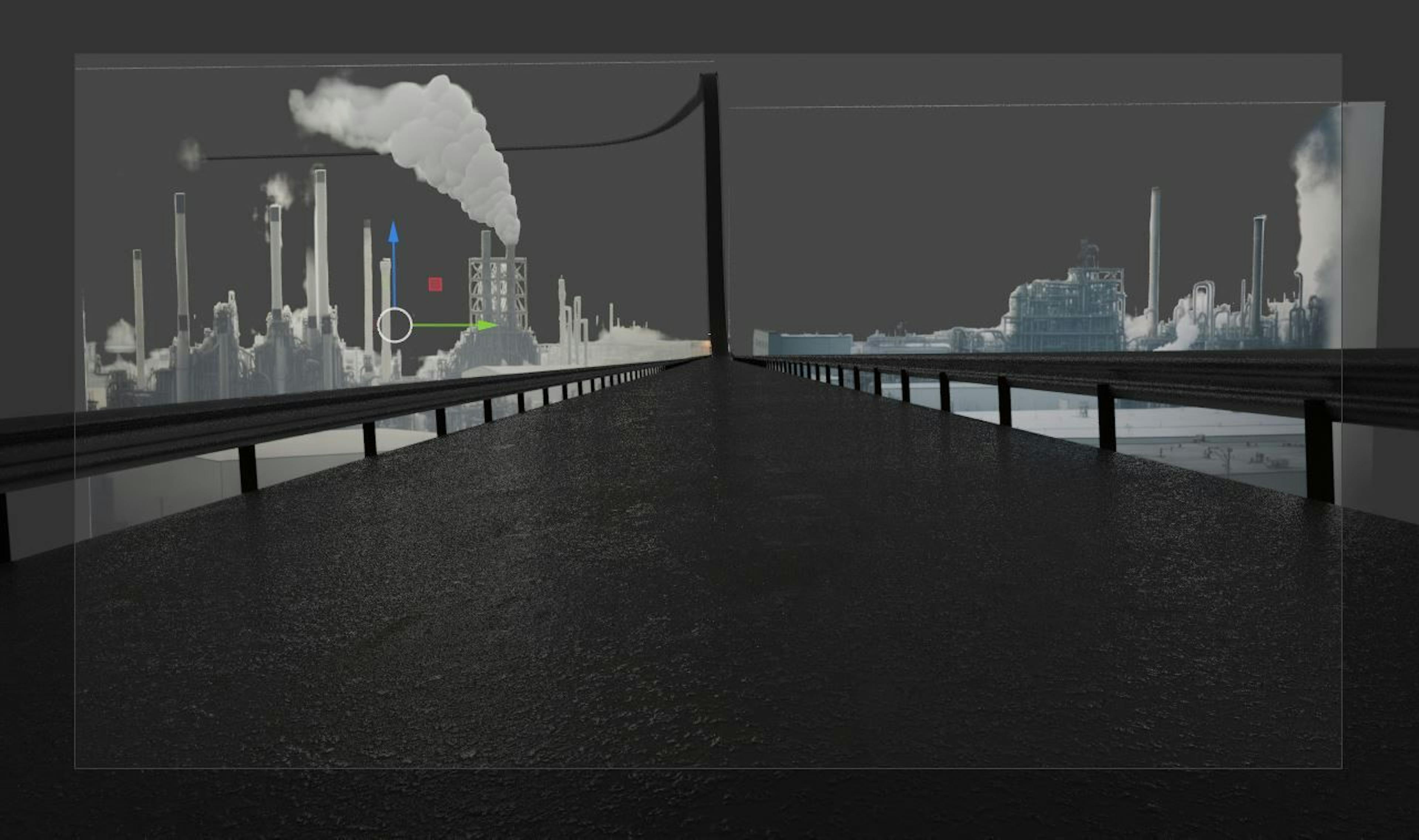 This is a 3D rendering of a scene depicting an industrial landscape as seen from a bridge. The view is head-on, with the bridge leading towards a horizon dominated by factories and smokestacks emitting plumes of smoke. The environment is rendered in grayscale, giving it a stark, dystopian appearance. The textures are detailed, with a reflective road surface suggesting a wet or polished finish. The image is overlaid with some 3D design interface elements, such as colored arrows and lines, indicating a work-in-progress stage of a digital design project.