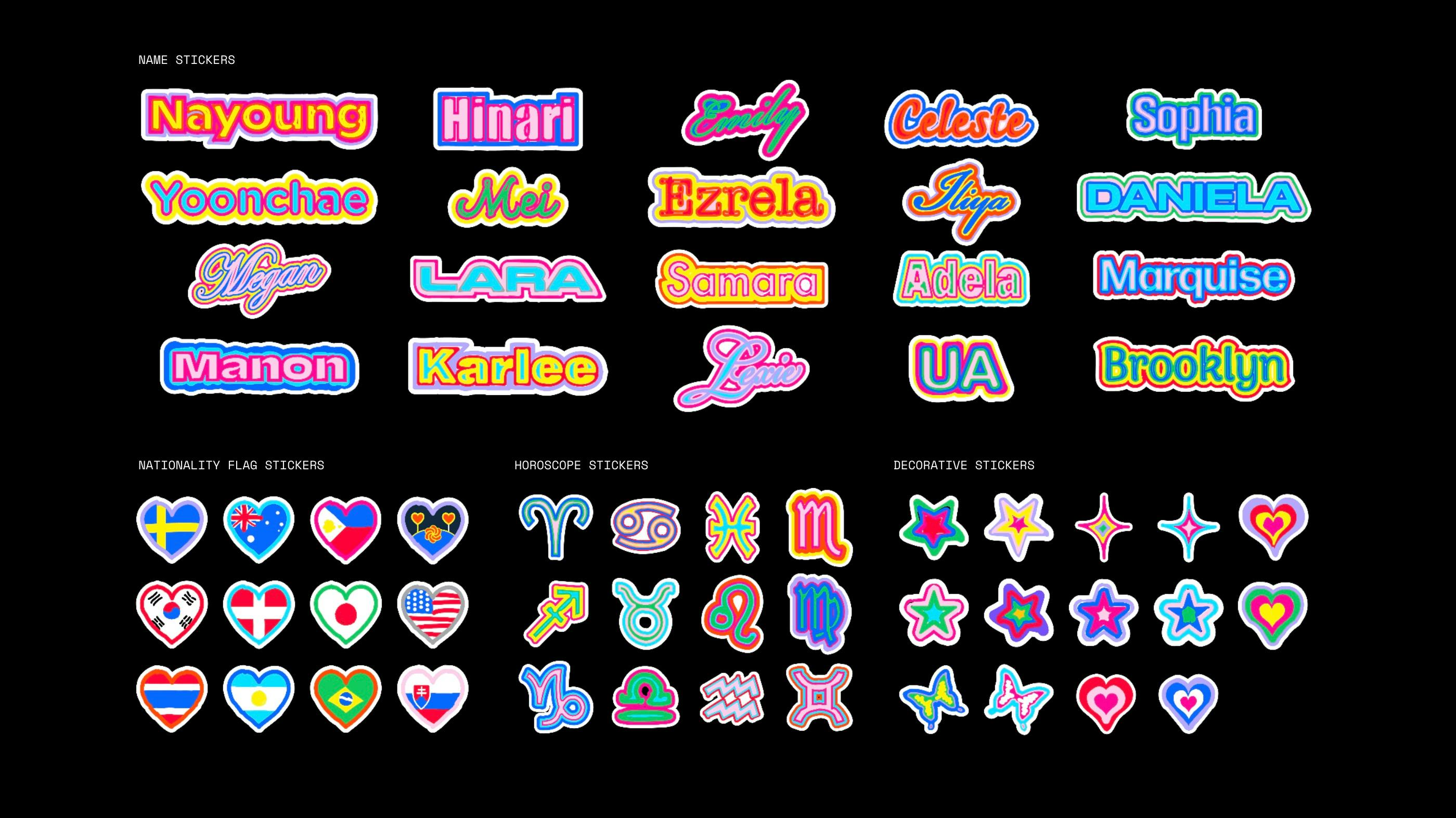 The image showcases a colorful array of name stickers in a neon glow style, featuring various names such as Nayoung, Hinari, Emily, Celeste, Sophia, Yoonchae, Mei, Ezrela, Jina, Daniela, Megan, Lara, Samara, Adela, Marquise, Manon, Karlee, Livi, UA, and Brooklyn. Below the names are three rows of stickers: the first row features heart-shaped national flags from countries like Sweden, New Zealand, South Korea, Morocco, the United States, and others; the second row displays zodiac signs; and the third row consists of decorative stars and hearts in vibrant colors. The stickers are presented on a black background, highlighting their bright, playful designs, suggesting a theme of diversity and personal expression.