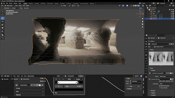 An animated GIF showing a 3D modeling workspace within the Blender software. The screen displays a textured canyon-like environment being crafted, with rock formations and a staircase. The interface includes various toolbars and panels for object mode, sculpting, and texture paint modes.