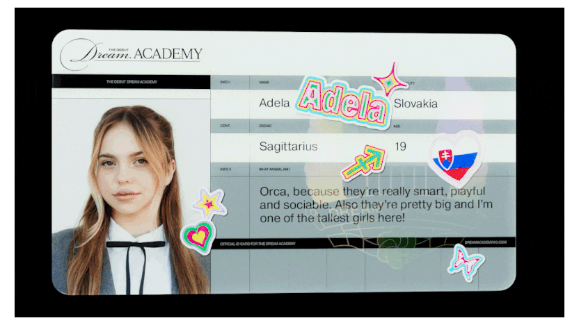 Animated GIF looping through 20 ID cards from 'The Debut: Dream Academy.' Each card displays a contestant's headshot, name in neon script, country of origin with flag, zodiac sign, and a personal quote about their favorite animal. The cards, featuring a transparent backdrop with playful stickers, cycle through to showcase the diversity and personalities of the contestants.