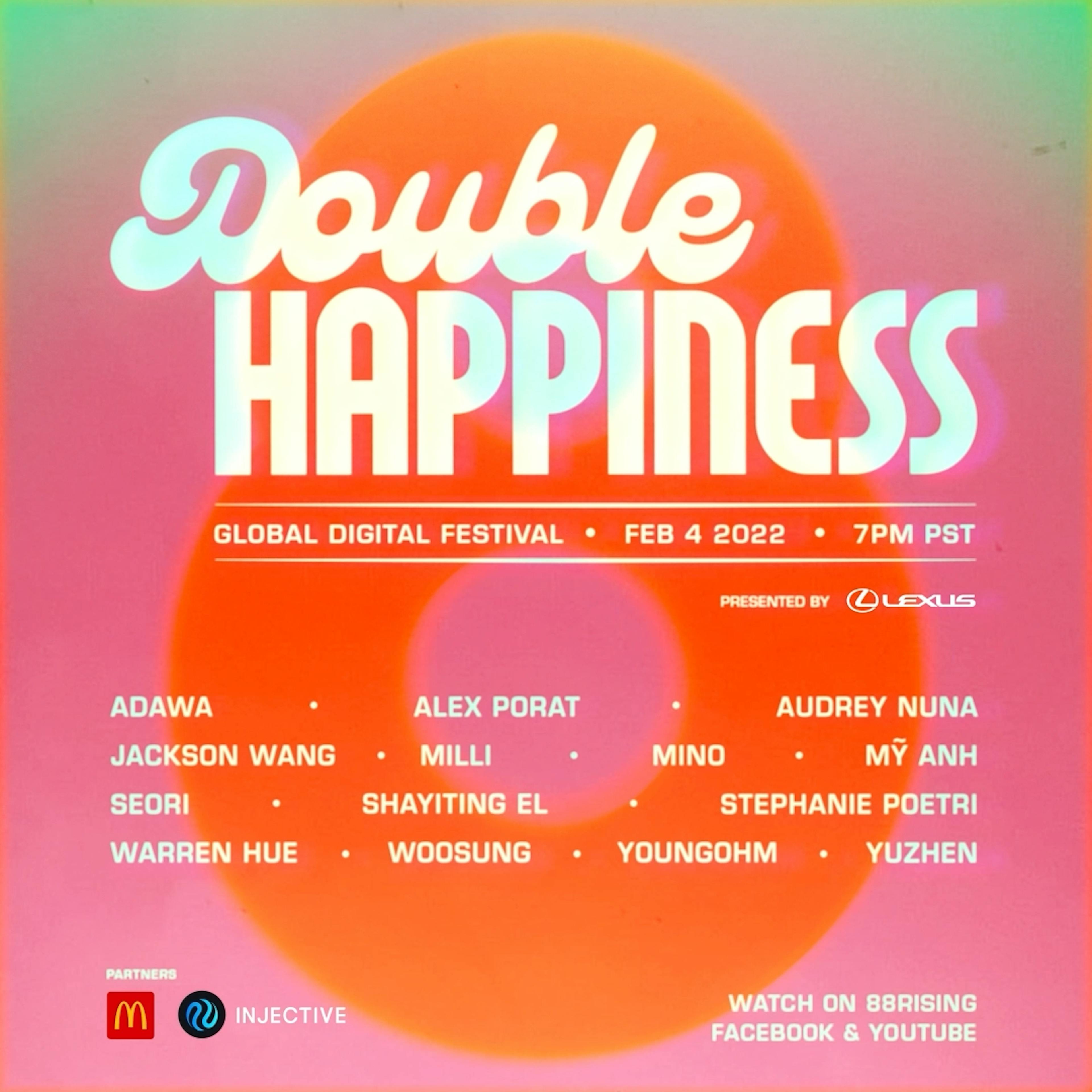 A vibrant graphic for the 'Double Happiness Global Digital Festival' taking place on February 4, 2022, at 7 PM PST. The graphic has a retro aesthetic with a warm, orange and pink gradient background overlaid with a large, soft-focus orange circle in the center, resembling a setting sun. The title 'Double Happiness' is prominently displayed in a playful, white cursive font at the top. Below, in smaller white font, event details are provided, followed by a list of artists such as ADWA, ALEX PORAT, AUDREY NUNA, JACKSON WANG, and others. The bottom notes partners like McDonald's and Injective, with the Lexus logo indicating sponsorship, and mentions that the event is available to watch on 88rising's Facebook and YouTube channels.