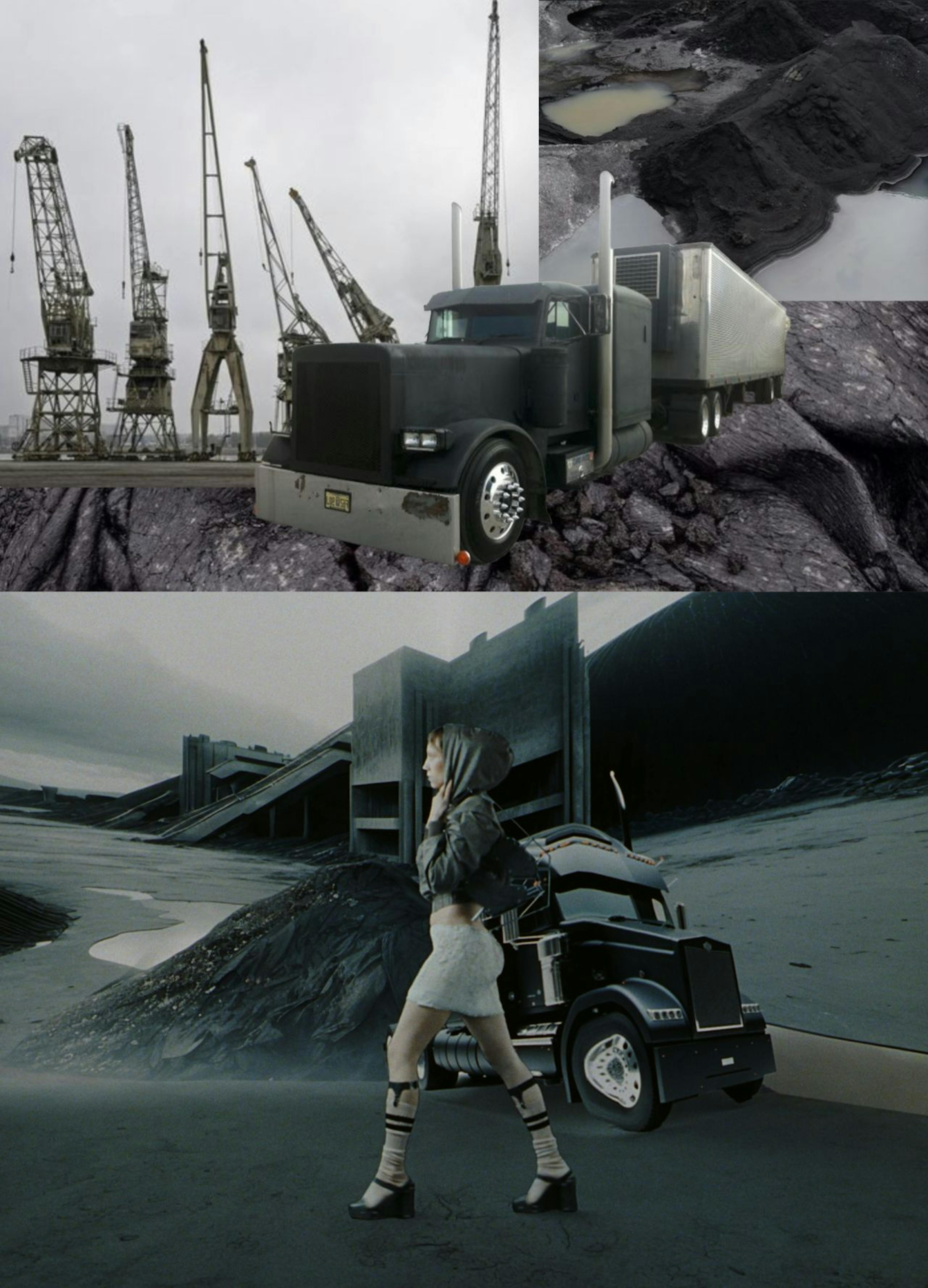 This composite image juxtaposes two distinct scenes. In the upper portion, a desolate industrial landscape is depicted, with towering cranes looming over a murky, oil-slicked terrain. Below, a solitary figure in modern attire strides confidently past a parked semi-truck that appears out of place on the barren, grey ground that stretches to a stark, industrial building in the background.