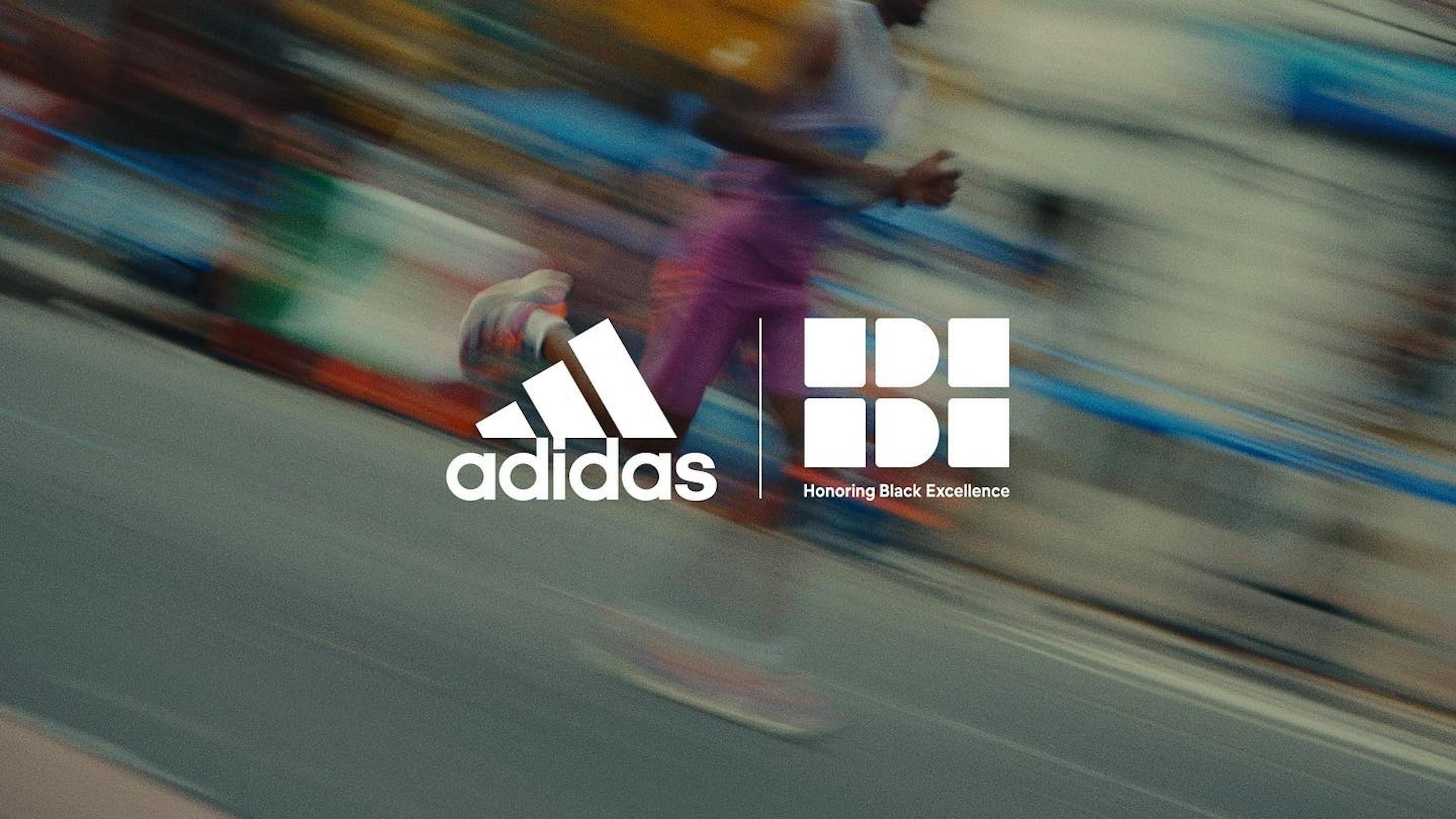This image features a promotional graphic for Adidas with a focus on speed and motion. In the foreground, a blurred image of a runner in mid-stride conveys swift movement, dressed in vibrant pink athletic wear and white Adidas sneakers. The background is a streak of colors, suggesting the runner is passing by quickly. The Adidas logo is prominently displayed on the left, paired with the 'Honoring Black Excellence' statement on the right, implying a celebration of athletic achievements within the Black community.