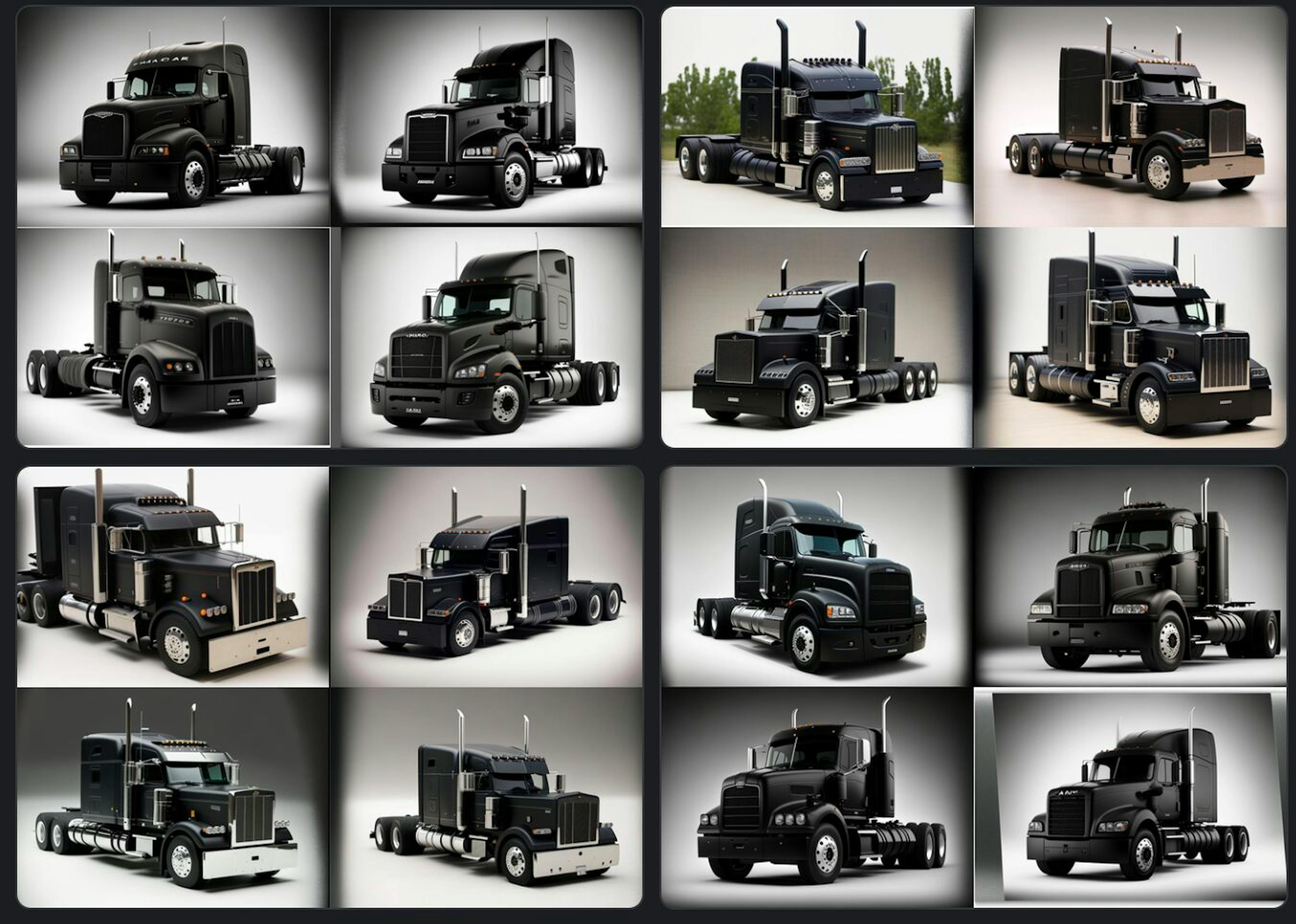 A montage of twelve 3D-rendered semi-trucks against a neutral background, showcasing various models and customizations. Each image captures the trucks in a different pose, highlighting their sleek designs, from classic black and chrome finishes to more modern looks with streamlined aesthetics. The trucks are depicted with a high level of detail, showcasing reflective surfaces, intricate lighting, and the muscular build typical of such heavy-duty vehicles