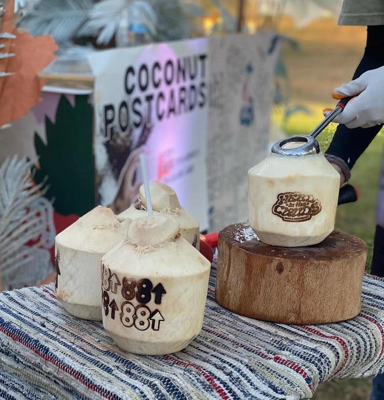 An inviting festival scene featuring fresh coconuts being prepared at the Head In The Clouds festival. Three coconuts are prominently displayed, each branded with the 88rising logo, and one is being opened with a tool by a person wearing white gloves. In the background, a sign reads 'Coconut Postcards,' suggesting an interactive festival experience. The setting is outdoors, with hints of a festival atmosphere suggested by the presence of various flags and decorations in soft focus behind the coconuts.