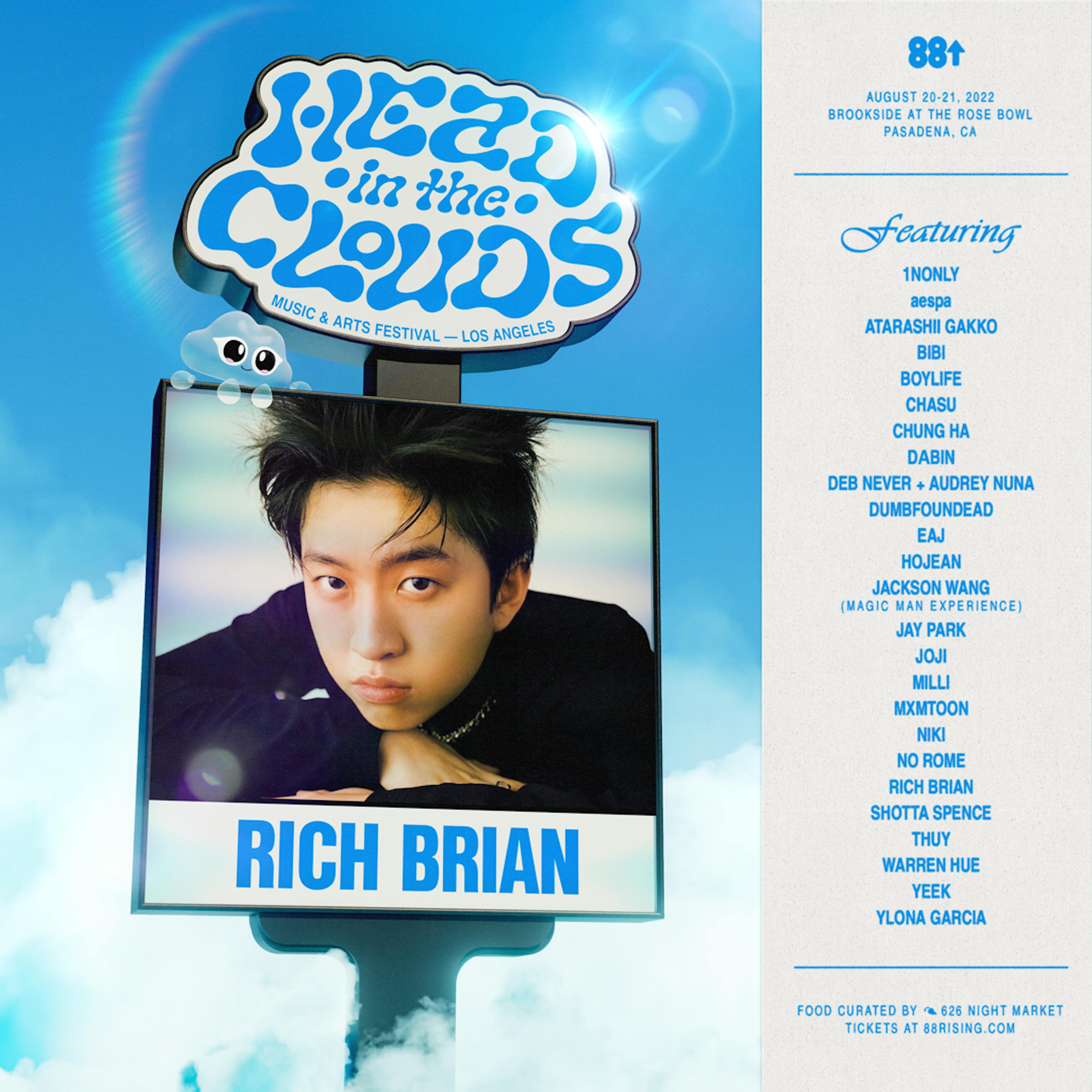 A promotional image for the Head In The Clouds Music & Arts Festival featuring artist Rich Brian. The image displays Rich Brian's portrait on a signpost, with his intense gaze and tousled hair, set against a sky blue background with fluffy clouds. Above the portrait, the festival's logo 'Head in the Clouds' is styled in bold, white, and blue cloud-shaped letters, with the mascot Clo The Cloud God sitting atop. Below the portrait, 'RICH BRIAN' is written in large blue letters, and the event details are noted, including the festival's date and location at Brookside at the Rose Bowl, Pasadena, CA. 