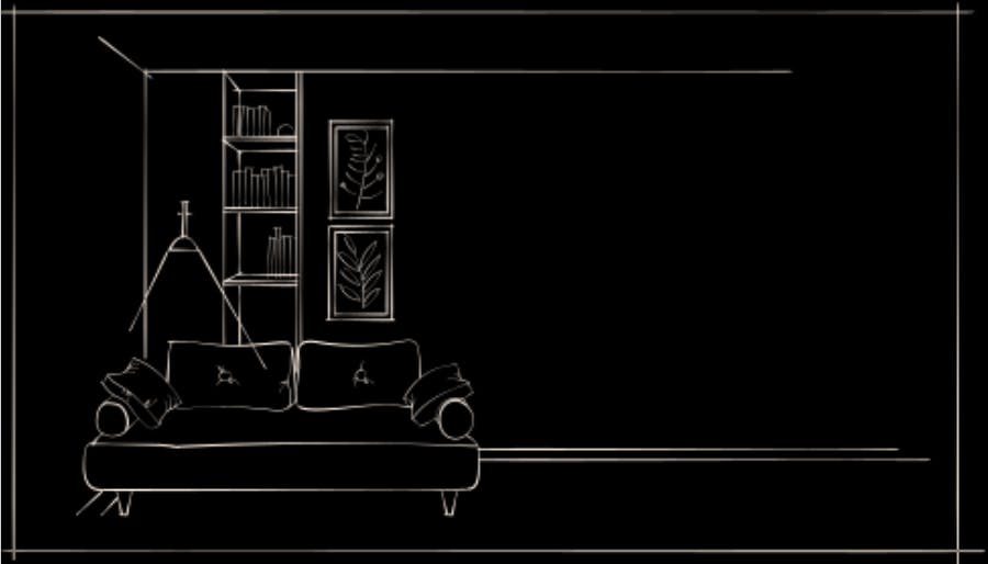 Image dessiné d'un sallon en blanc sur fond noire pour oc concept 82 Peinture, décoratrice d'intérieur et papier peint à Montech