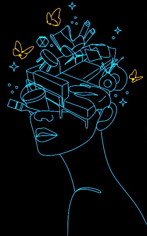 dessin d'un visage de femme en bleu sur fond noir avec des papillon jaune oc concept 82 Peinture, réseau de décorateurs et matériaux à Montech