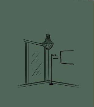 dessin au trait fin d'un intérieur minimaliste en noir sur fond vert pour oc concept 82, magasin de paeinture, papier peint, revêtement sol et mur et décoratrice d'intérieur