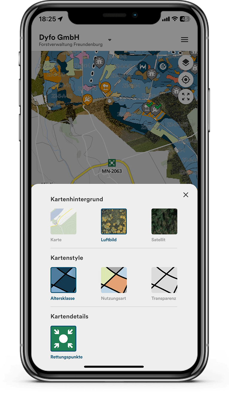 Verschiedene Kartenansichten innerhalb der Dynamic Forest Software