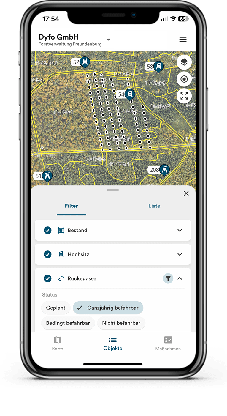 Mobile phone showing data points and filter options in Dynamic Forest