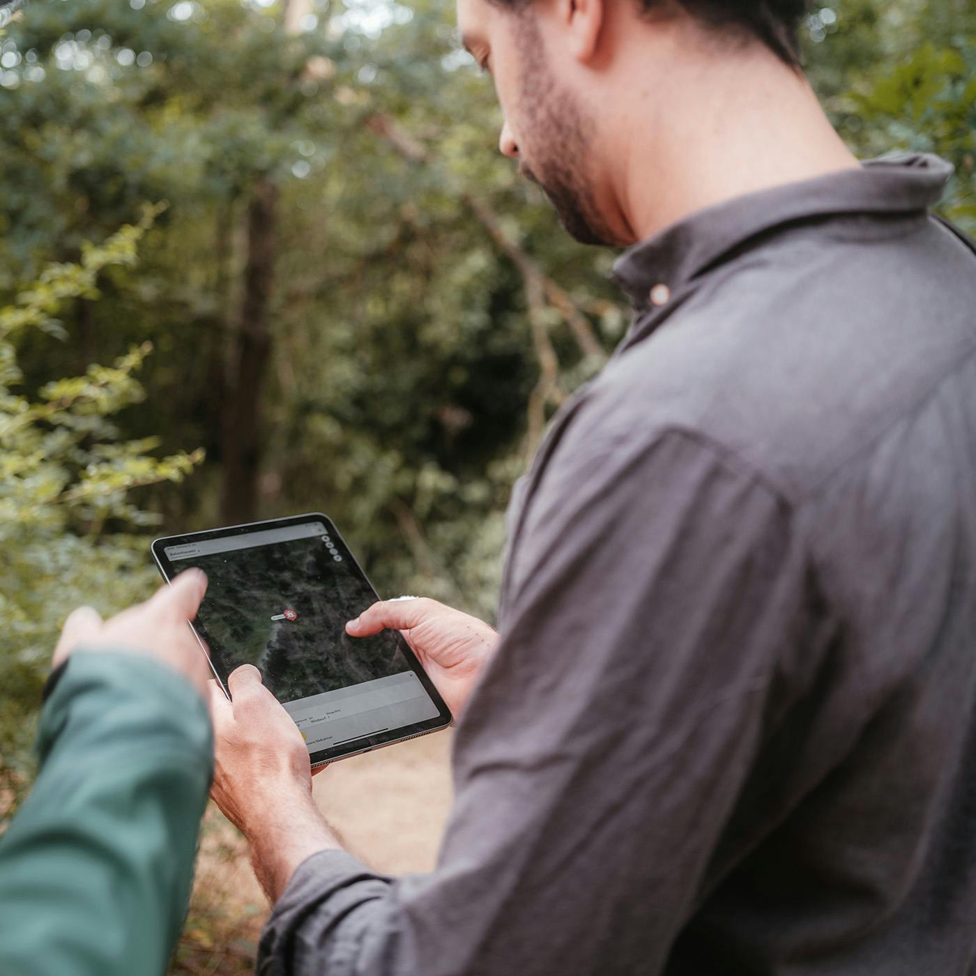 A person standing in the forest looking at a tablet using the Dynamic Forest Software