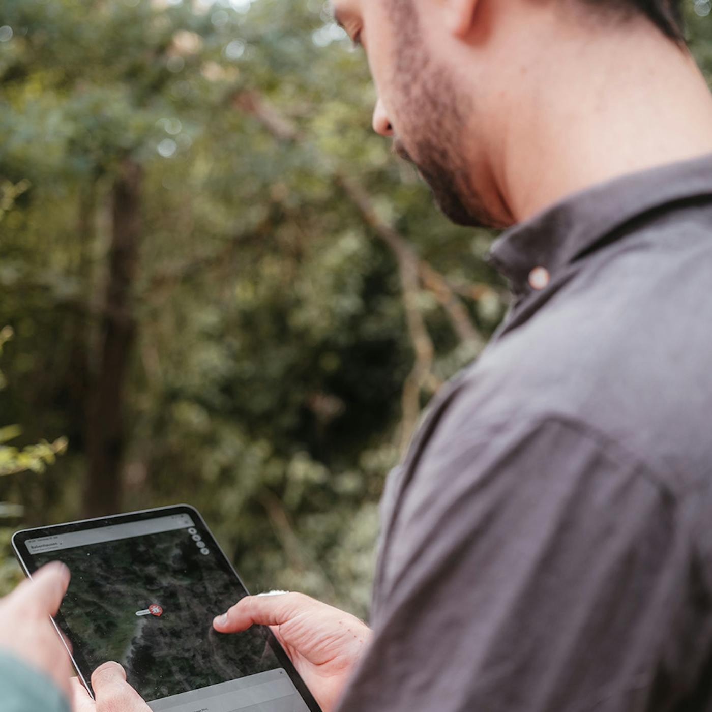 Ein Waldarbeiter nutzt die Dynamic Forest Software auf einem Tablet und steht dabei in einem Wald.