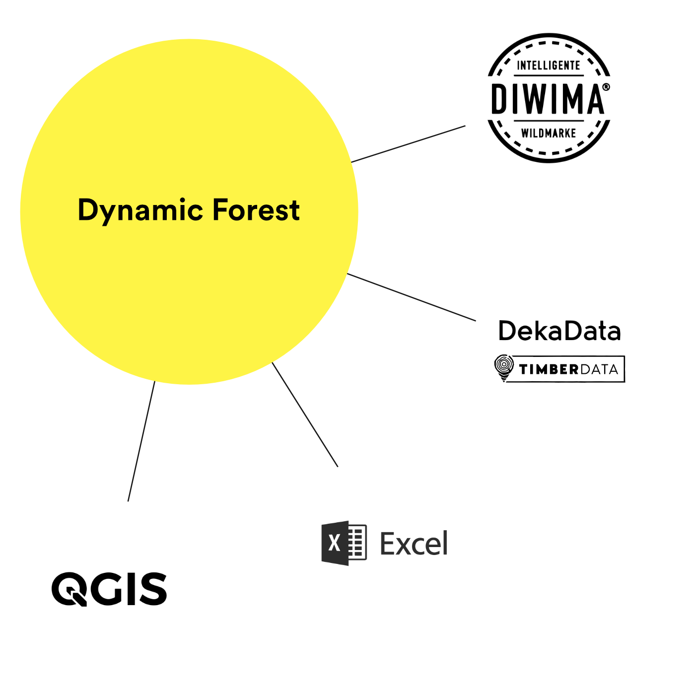 A graphic showing the Dynamic Forest network with connections to Diwima Intelligente Wildmarke, DekaData Timberdata, Excel, QGIS