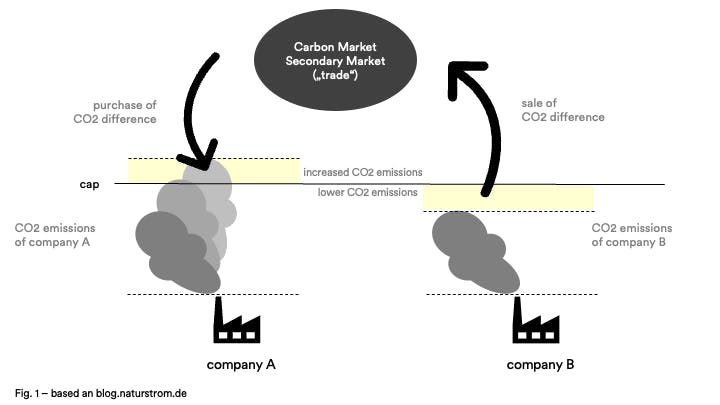 Graphic visualizing the Cap and trade scheme of the Carbon Market. 