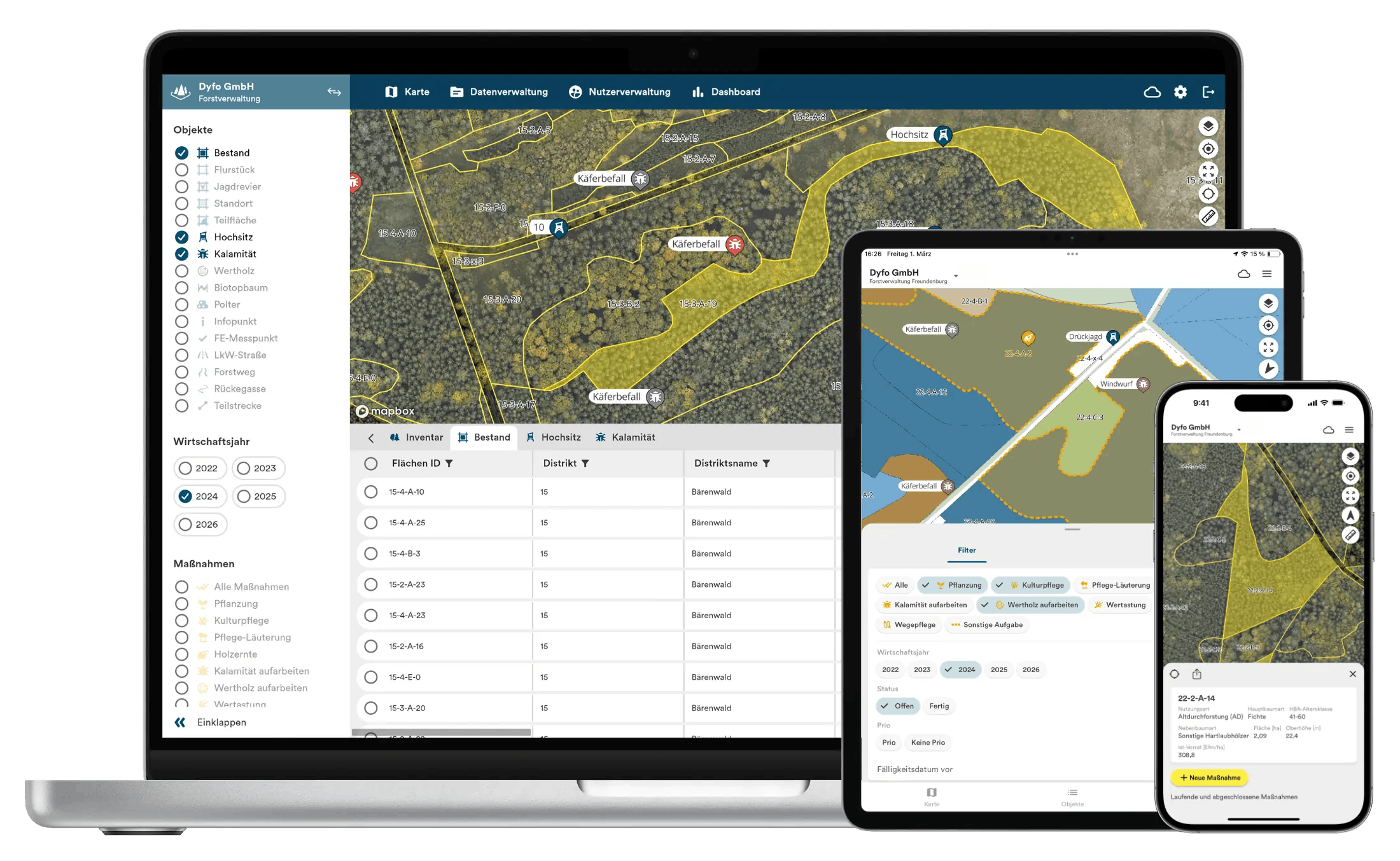 Beispielbilder der Dynamic Forest App auf unterschiedlichen Geräten (Laptop, Tablet, Handy)