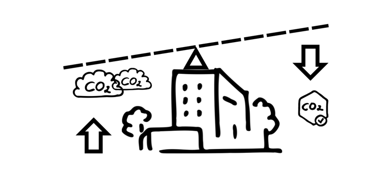 Compensation visualized: a company building with a balance on top