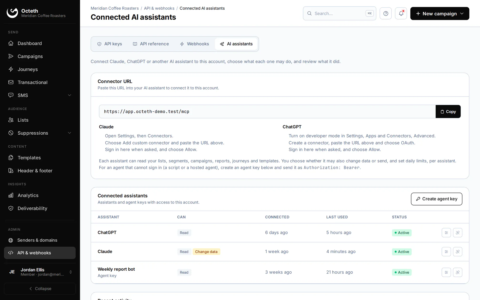 The Connected AI assistants page in Octeth, showing the connector URL, connected assistants with their permissions, and an agent key