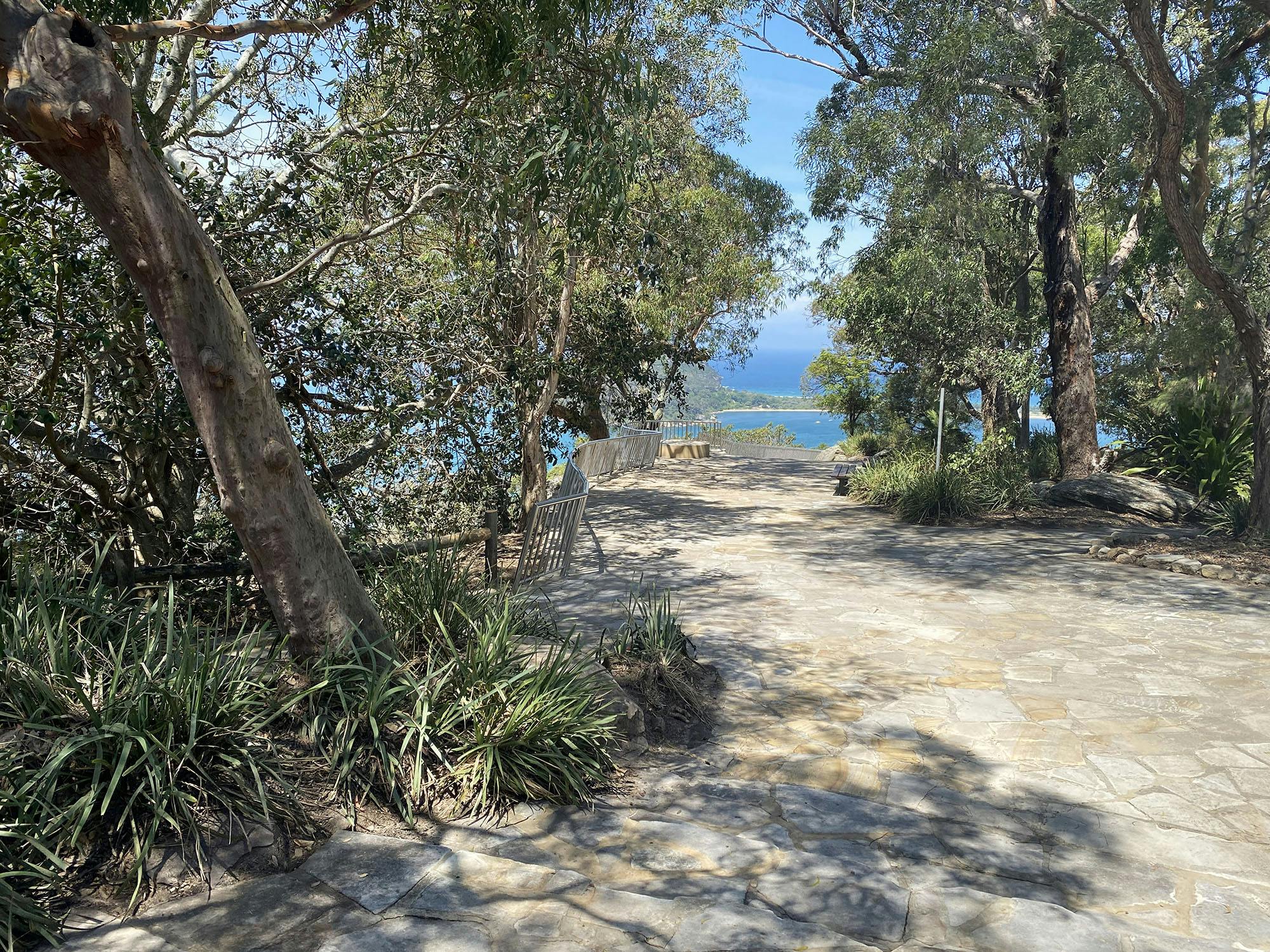 A photograph of sandstone steps and a path in a bush setting, leading towards a lookout with expansive views.  Blue sky and water is visible in the background.