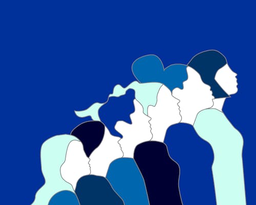 A stylized graphic, in shades of blue, of six diverse women. They are all facing forward (right) and each figure is higher than the next. 