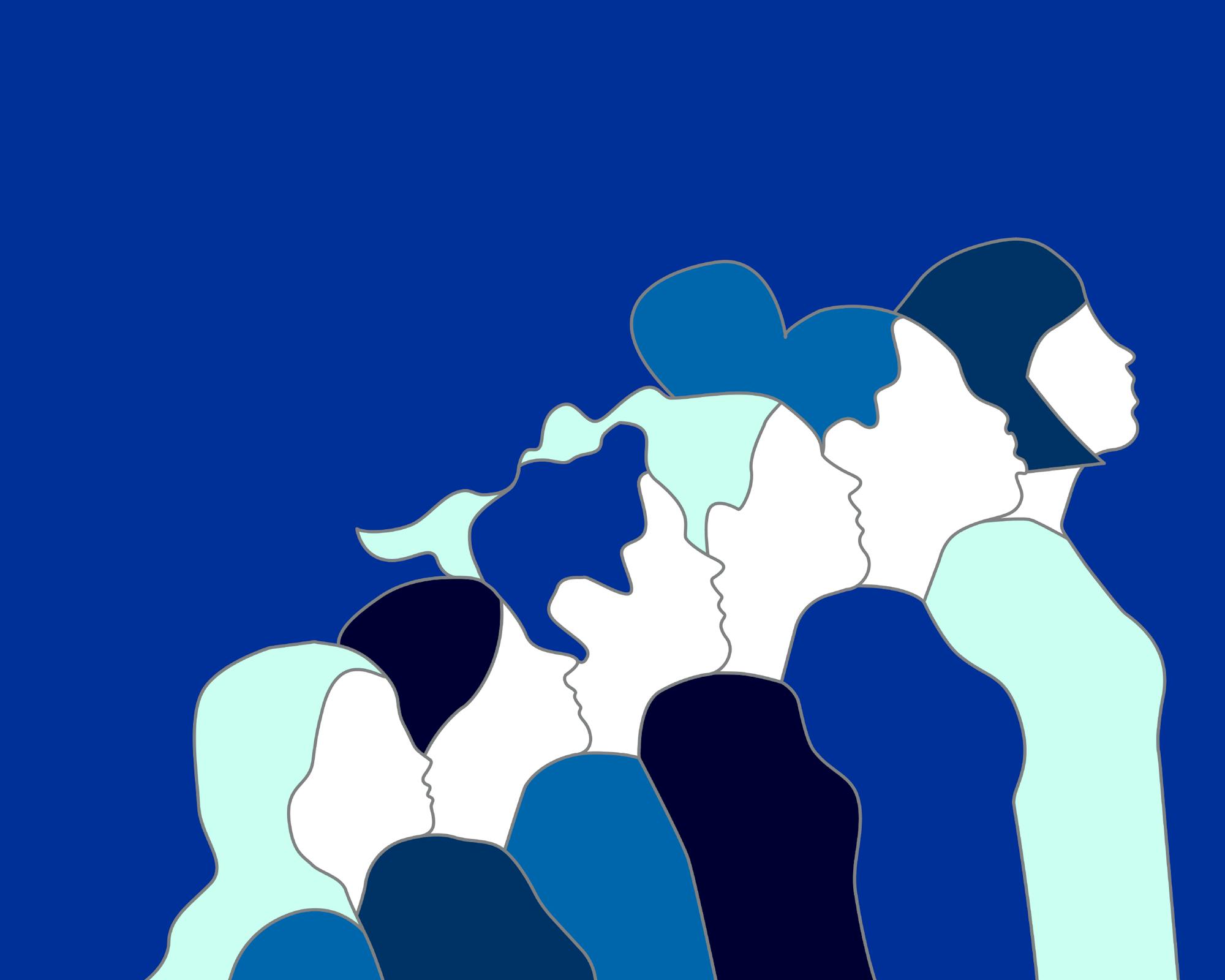 A stylized graphic, in shades of blue, of six diverse women. They are all facing forward (right) and each figure is higher than the next.