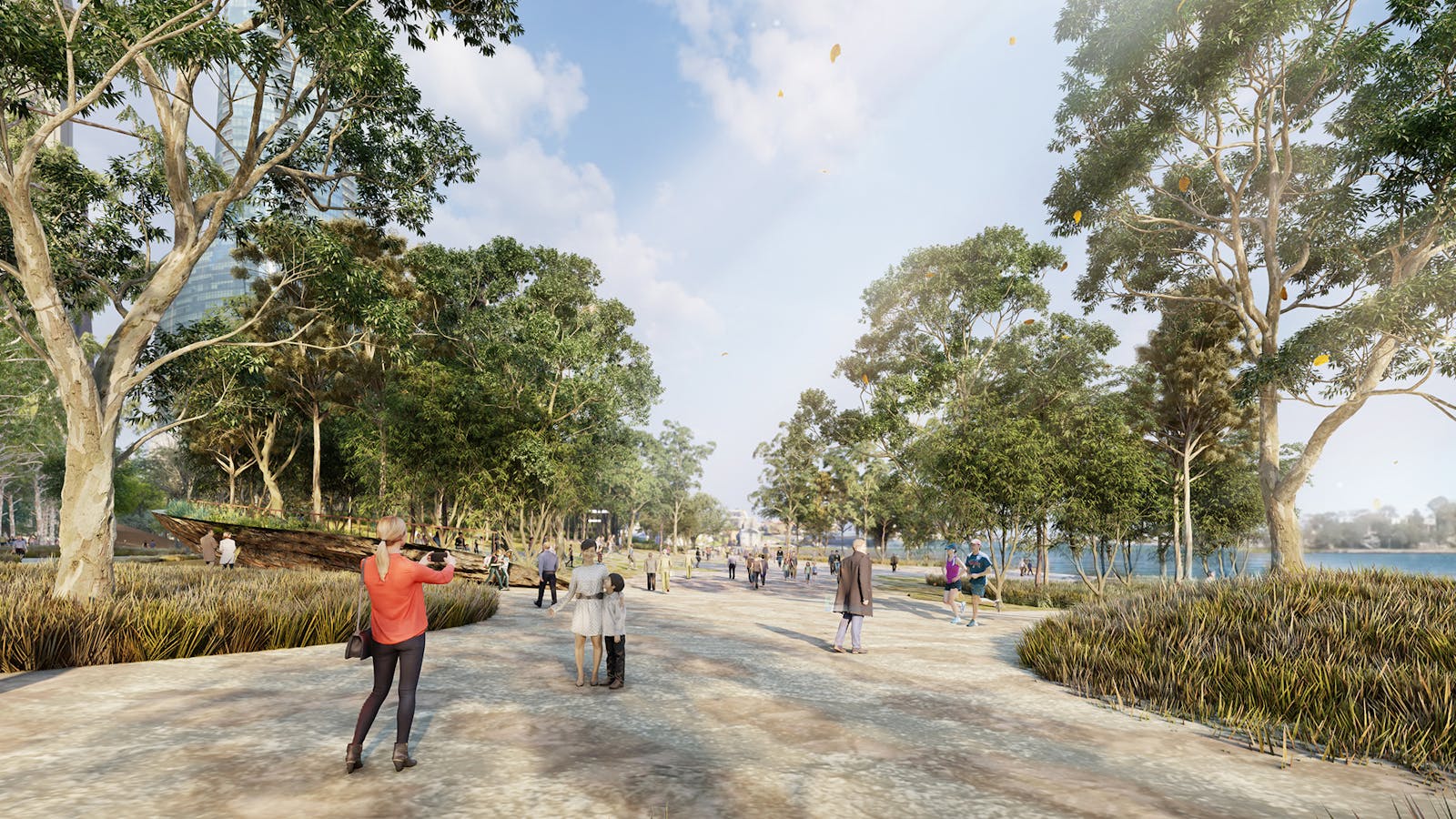 A digital visualisation of an urban waterfront park with large trees on either side of a wide thoroughfare..