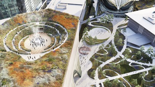 A photorealistic visualisation of a contemporary art gallery from above, there are people gathered on the green roof, and winding paths are visible in a garden below. 