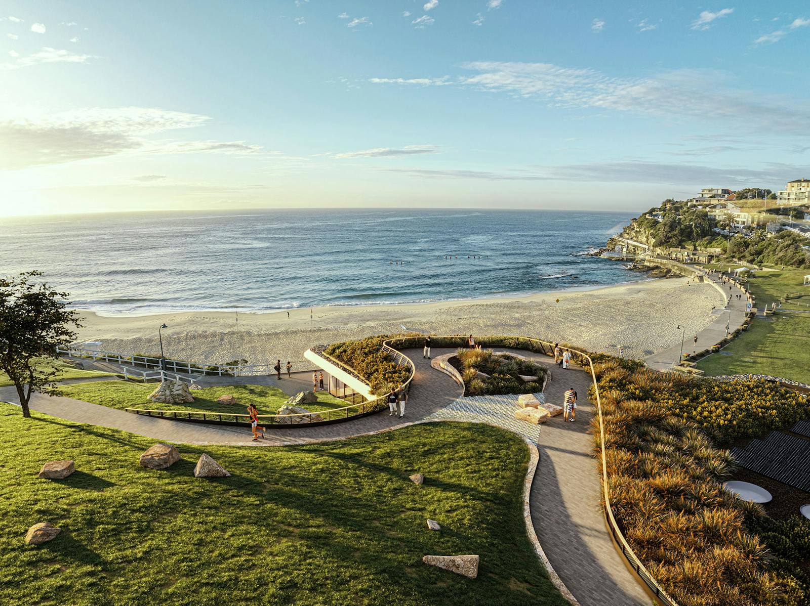A digital render of the landscaped roof of a contemporary surf life saving club embedded in a beachside landscape.
