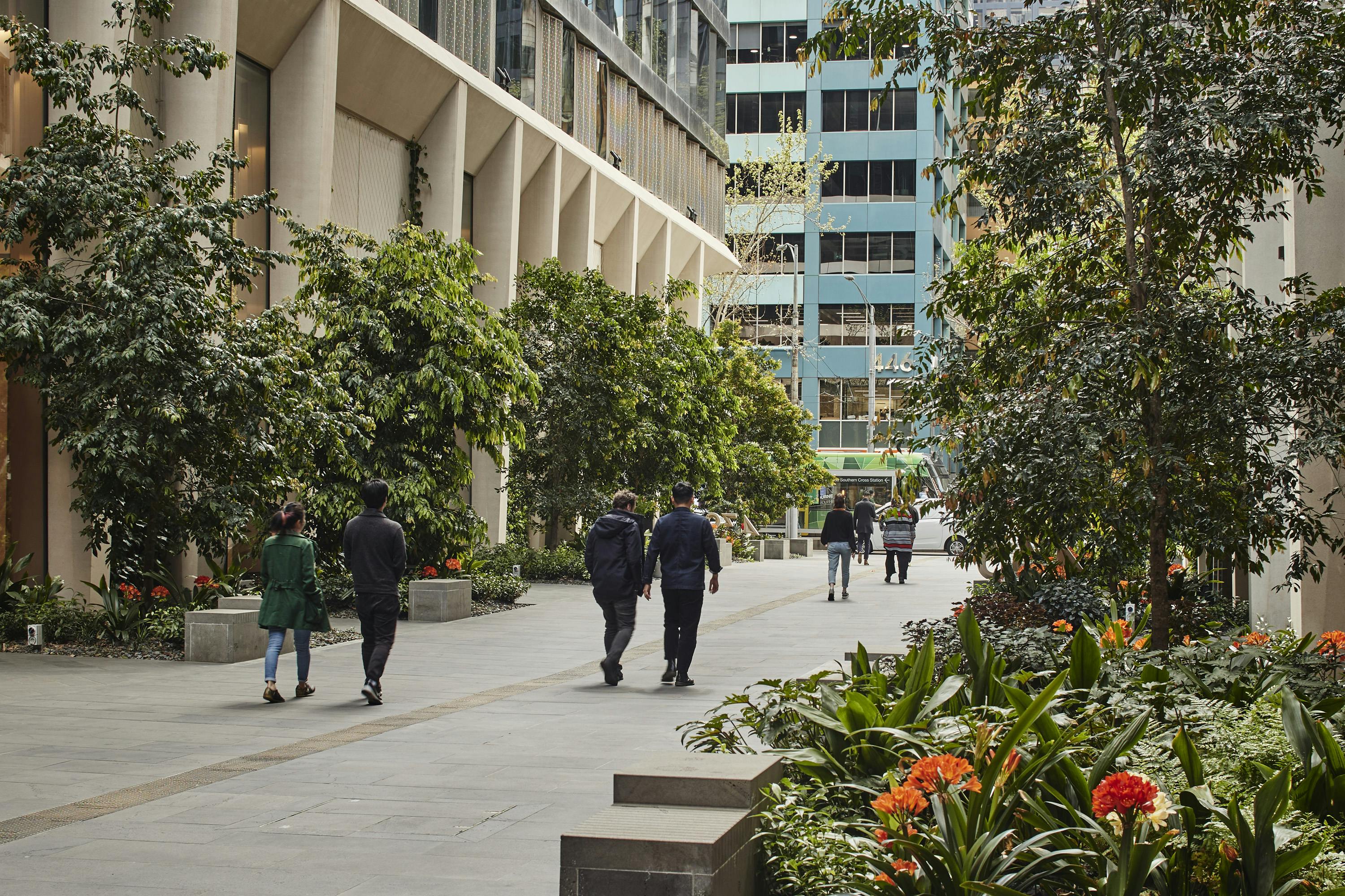 A photograph of a large urban building forecourt filled on two sides with lush planting, from ground cover, through to trees and climber. There are people walking away from the camera. There is a tram in the distance.