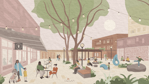 A digital illustration of a Town Square designed with Gender Sensitive Urban Design principles.